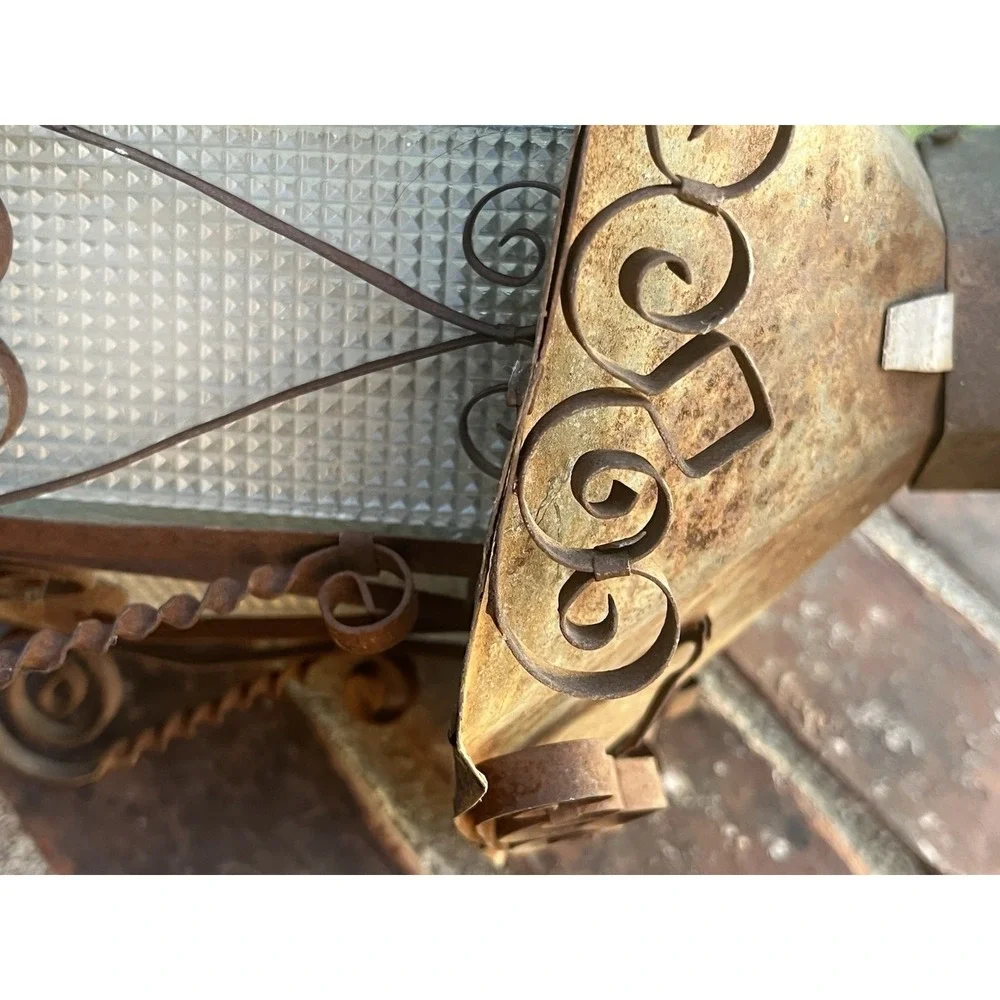 Vintage Spanish Revival Wrought Iron Outdoor Lantern Wall Bracket Scroll Glass